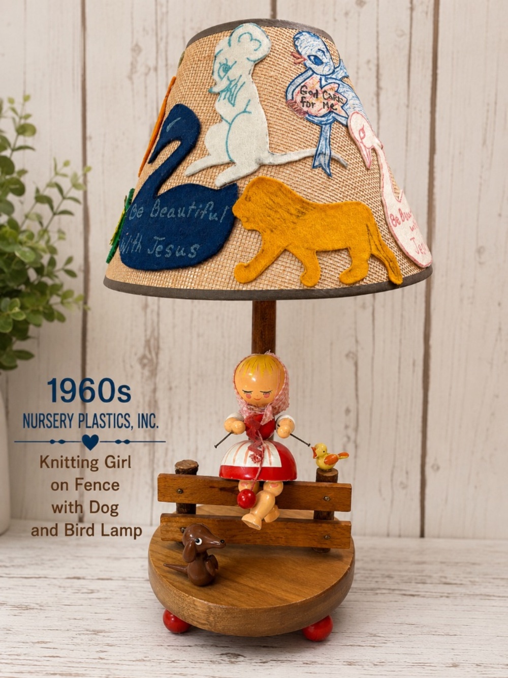 🧶 1960s Nursery Plastics “Knitting Girl on Fence” Lamp With Vintage Lampshade